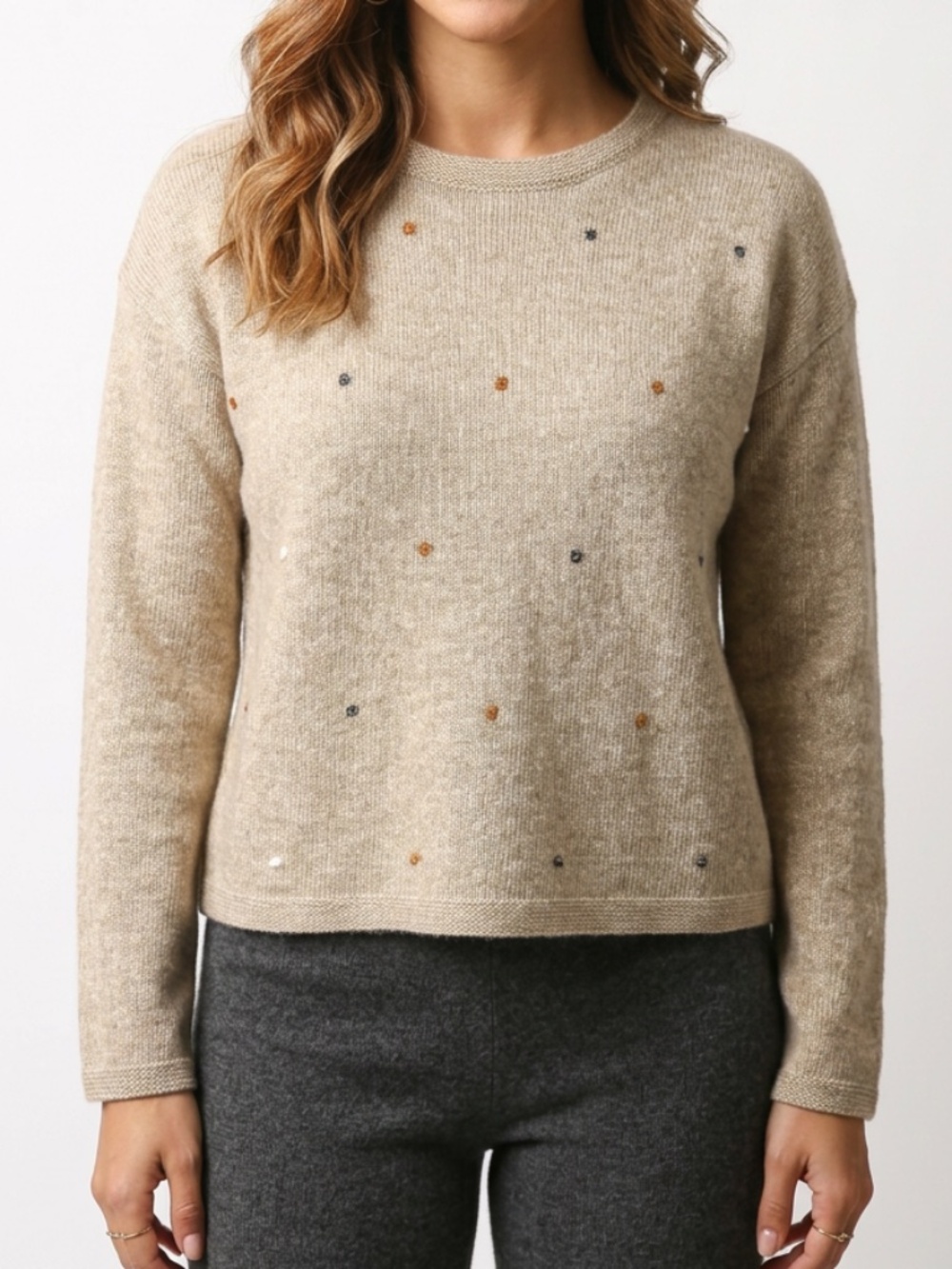 HEM & THREAD • NWT Taupe Multicolor Dot Knit Crewneck Sweater Size Large